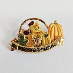 NWT Kenneth Cole "Give Thanks" Fall Autumn Kitten Pumpkin Gold Tone Brooch Pin